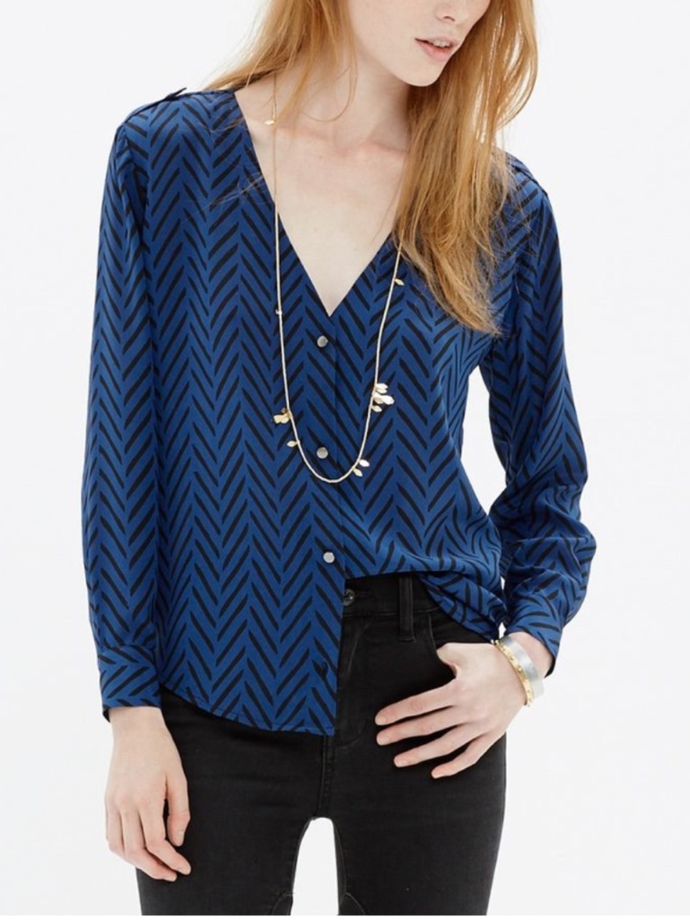 Sezan x Madewell 100% Silk Chevron Blue Button Down Blouse Size Small